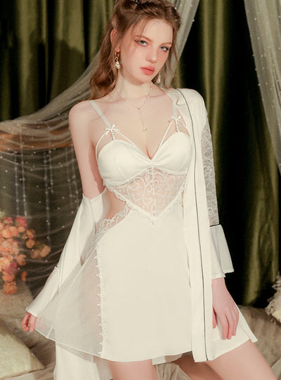 Satin Stitching Lace Collar Perspective Nightgown