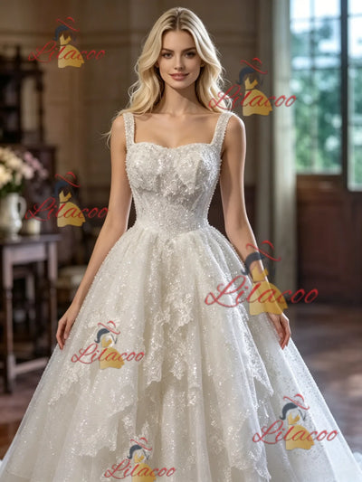 White Sequins Straps Wedding Dress