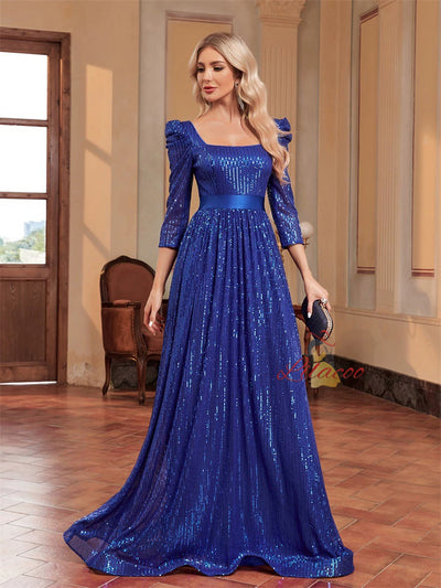 Blue Sequins Long Sleeve Prom Dress