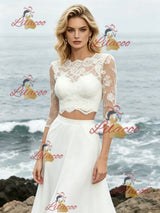 White Two PIece Short Sleeve Lace Wedding Dress