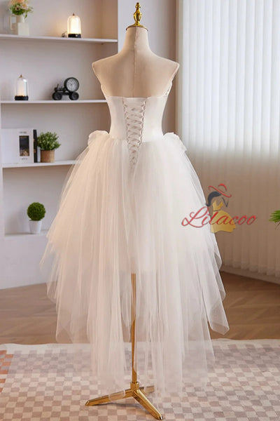 White Tulle Strapless 3D Flower Wedding Dress