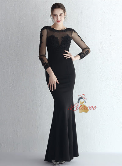 Long Sleeve Mermaid Appliques Prom Dress