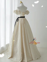 Champagne Puff Sleeve Pleats Prom Dress