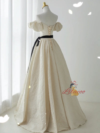 Champagne Puff Sleeve Pleats Prom Dress