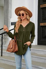 V-neck Button Hooded Loose Long Sleeve Top