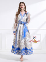 Retro Palace Printed Long Bubble Sleeve Dress