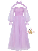 Purple Tulle Long Sleeve Pleats Prom Dress