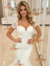 White Mermaid Lace Short Sleeve Wedding Dress