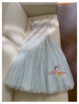 Blue Lace Pleats Straps Prom Dress