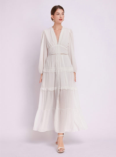 Deep V-neck Lace Long Sleeve Split Dress