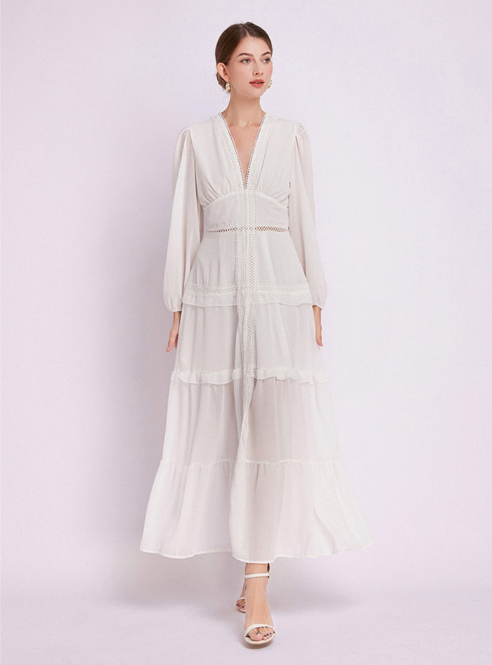 Deep V-neck Lace Long Sleeve Split Dress