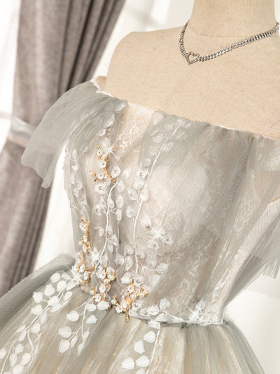 Gray Tulle Off the Shoulder Appliques Homecoming Dress