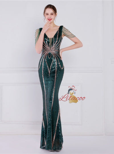 V-neck Mermaid Sequins Beading Prom Dress