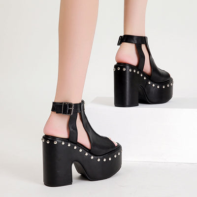 Waterproof Platform Retro Rivet High-heeled Sandals
