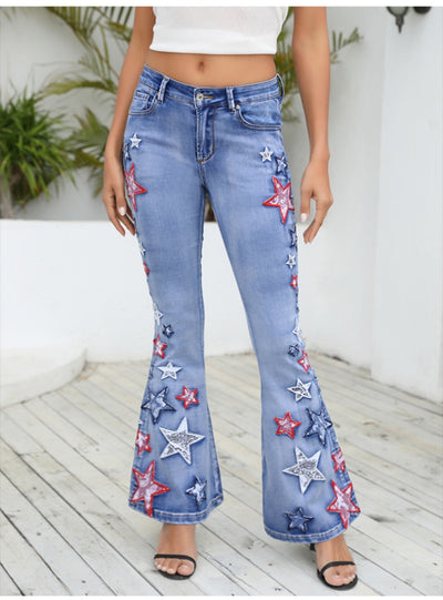 Women Flared Trousers Embroidered Jeans
