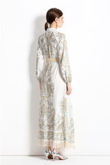 Retro Printed Long Sleeve Fringed Dress