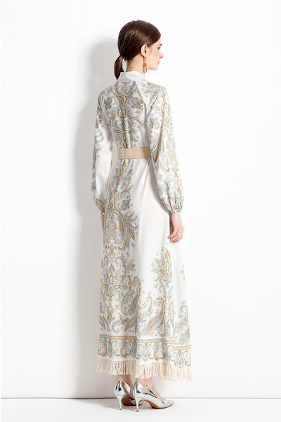 Retro Printed Long Sleeve Fringed Dress