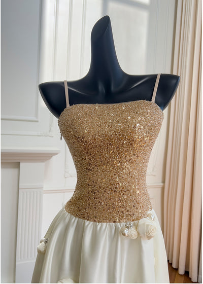 Satin Spaghetti Straps Sequins Prom Dress