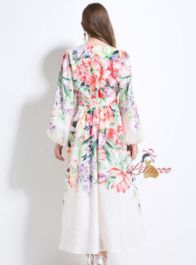 Retro Printed Breasted Puff Sleeve Dress