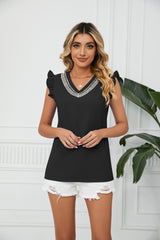 Contrast Color V-neck Short Sleeve Loose Chiffon Top