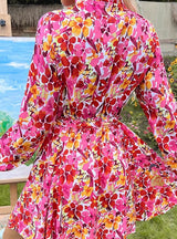 Slim Lace Up Collar Printed Dress