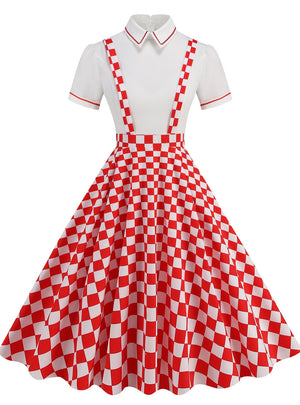 Red Checkerboard Short Sleeve Vintage Dress