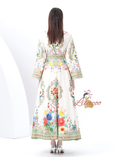 Palace Wind Horn Sleeve Button Printed Dress