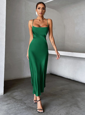 Solid Satin Party Suspenders Dress