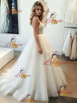 White Tulle Spaghetti Straps Beading Wedding Dress
