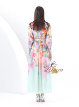 Retro Lapel Lantern Sleeve Long Printed Dress
