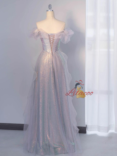 Purple Sequins Tulle Prom Dress