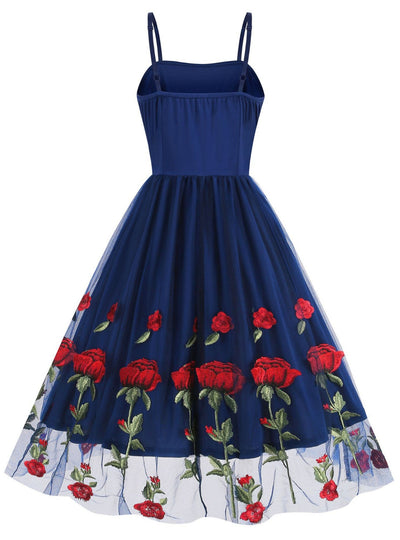 Retro Suspender Mesh Rose Embroidery Dress