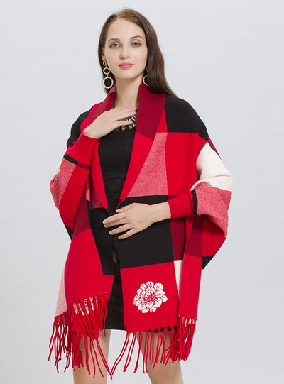 Plaid Fringed Knit Cardigan Shawl