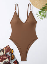 V-neck Backless Solid Color One-piece Swimsuit