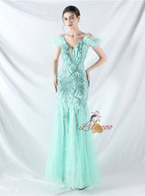 Spaghetti Straps Sequins Feather Prom Dress