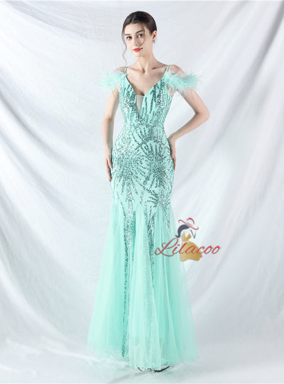 Spaghetti Straps Sequins Feather Prom Dress