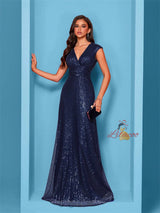Navy Blue Sequins V-neck Prom Dress