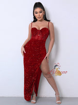 Contrast Sequins Stitching Slit Dress