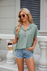 Solid Color Button Hooded Loose Short Sleeve T-shirt