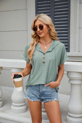 Solid Color Button Hooded Loose Short Sleeve T-shirt