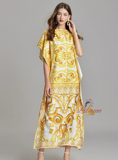 Yellow Print Plus Size Loose Dress