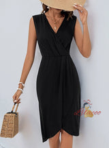 Wrinkled V-neck Sleeveless Irregular Dress