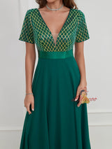 Green Chiffon Sequins V-neck Short Sleeve Prom Dress
