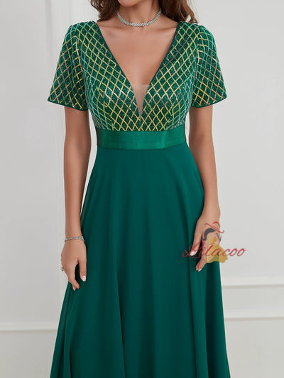 Green Chiffon Sequins V-neck Short Sleeve Prom Dress
