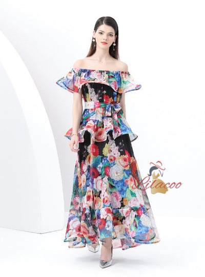 Printed Ruffled Chiffon Dress