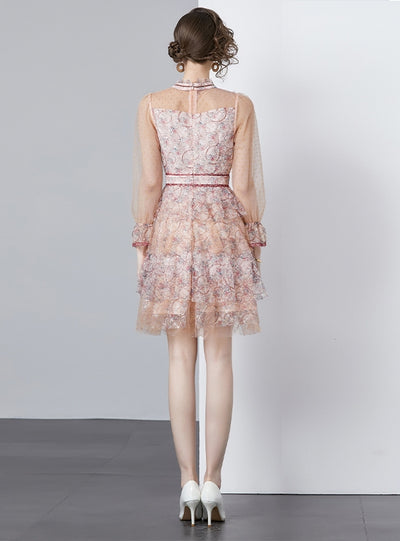 Printed Slim Short Bubble Sleeve Mesh Dress