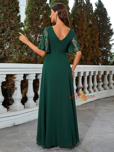 Green Chiffon Lace V-neck Prom Dress