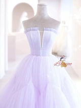Light Purple Tulle Pleats Beading Prom Dress