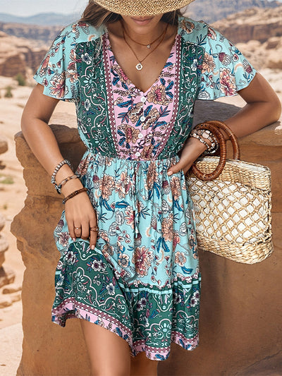 V-neck Print Bohemian Dress