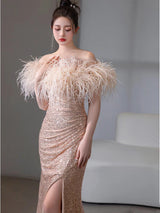 Champagne Mermaid Sequins Feather Prom Dress